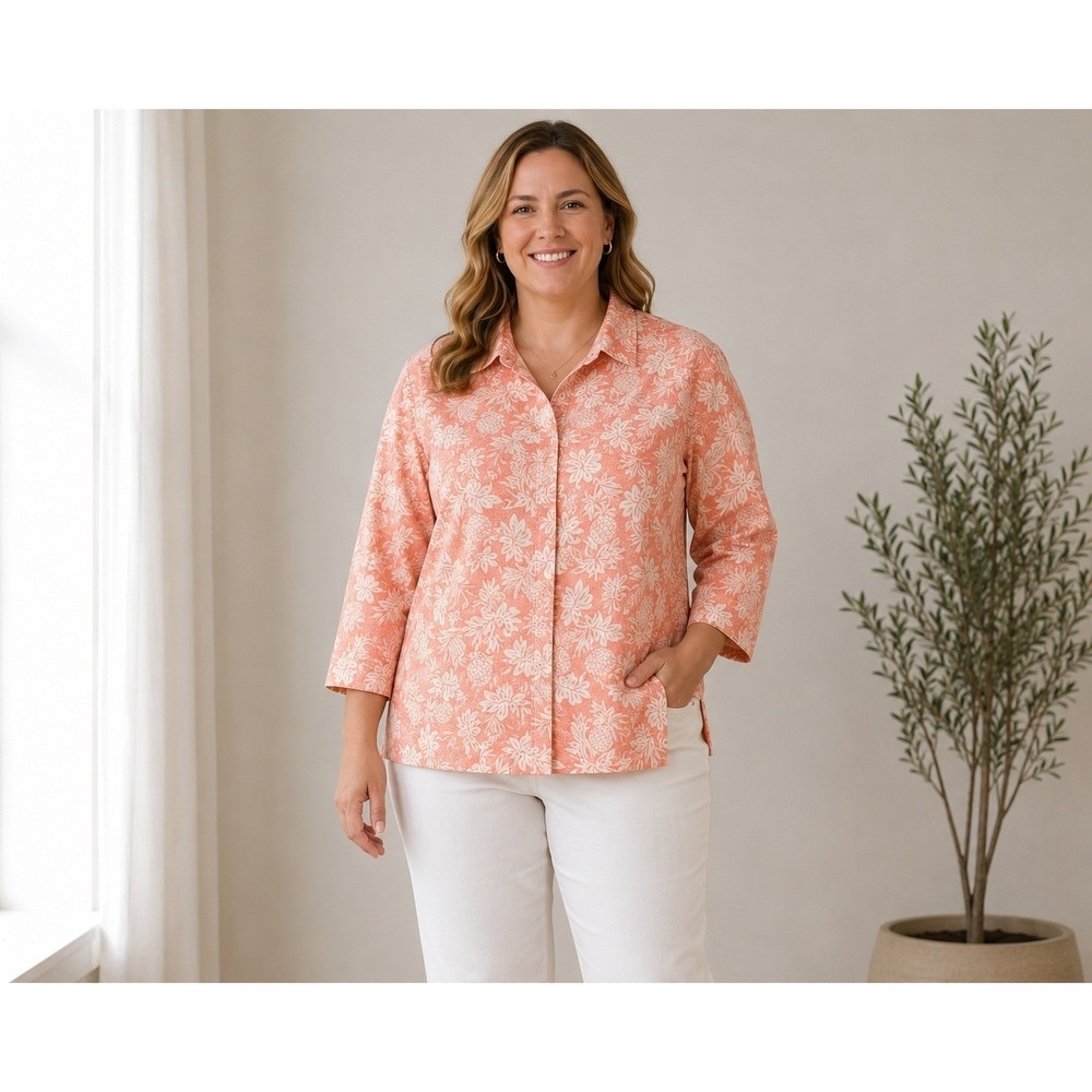 Coldwater Creek Linen‎ Snap Closure Shirt Womens XL Coral Tropical Resort Cruise
